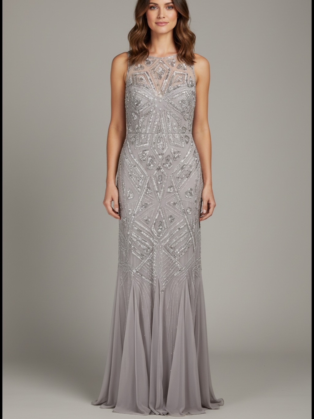 NWT STUNNINGPisarro Nights Silver Beaded Art Deco Mermaid Formal Gown Size 10